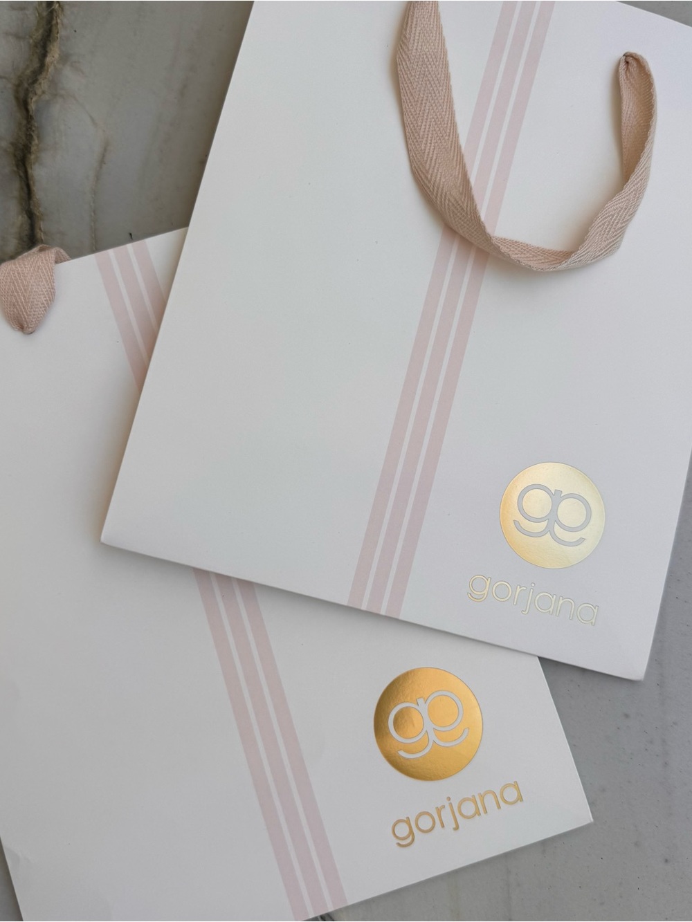 Gorjana White and Blush Shopping/Gift Bags with Gold Logo